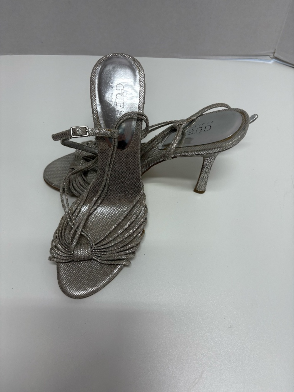 Guess by Marciano Silver Metallic Heeled Sandals - Size 7.5